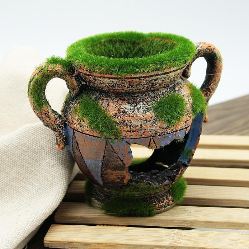 Aquarium Fish Enrichment - 1pc Resin Vase with Moss Aquarium